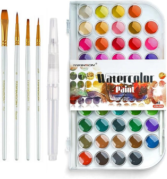 TRANSON 48 Colors Watercolor Paint Set with 4pcs Paint Brushes and 1pcs Water Brush Pen for Adults, Students, Beginners and Artists