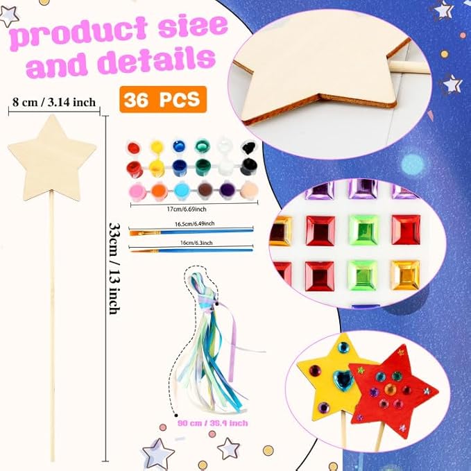 92 Pcs Unfinished Star Princess Fairy Wands Kit Make Your Own Princess Wand DIY Art Craft Magical Wand Include 36 Star Wooden Fairy Wands 18 Gem Stickers 36 Ribbons 2 Markers for Kids Party Supplies