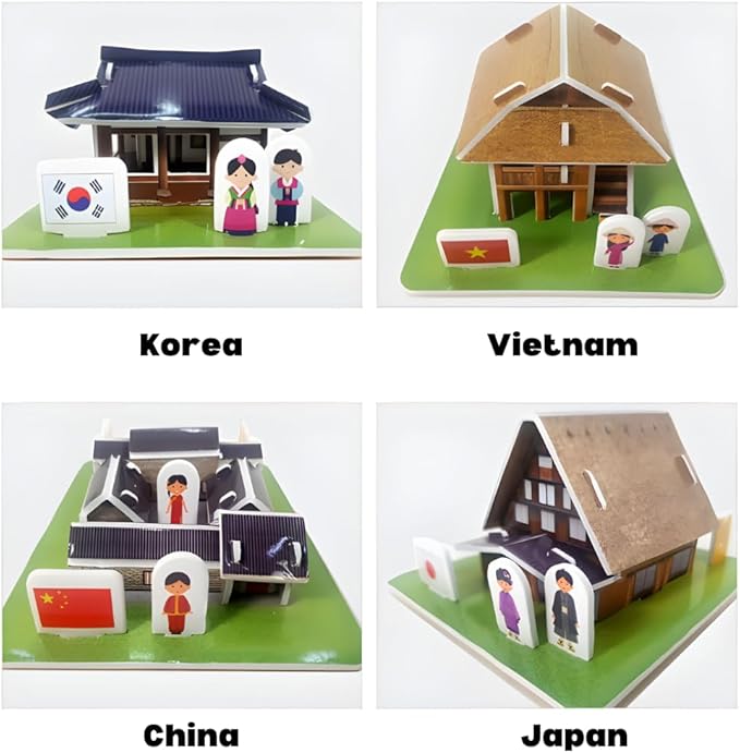 3D Puzzle Set - Traditional Houses Collection: Build 8 Country Models with Authentic Costumes, DIY Kit for Hobbyists, Creative Toy and Home Decor (Asia)