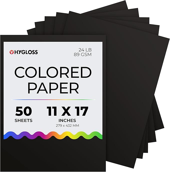 Hygloss Black Paper - 24 lb, 89 GSM, Acid-Free, Fade-Resistant, 11x17-Inch Ledger Size Color Copy Paper, 50 Sheets