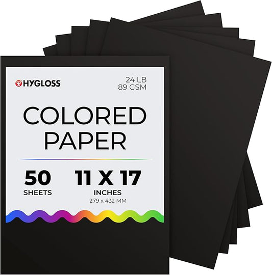 Hygloss Black Paper - 24 lb, 89 GSM, Acid-Free, Fade-Resistant, 11x17-Inch Ledger Size Color Copy Paper, 50 Sheets