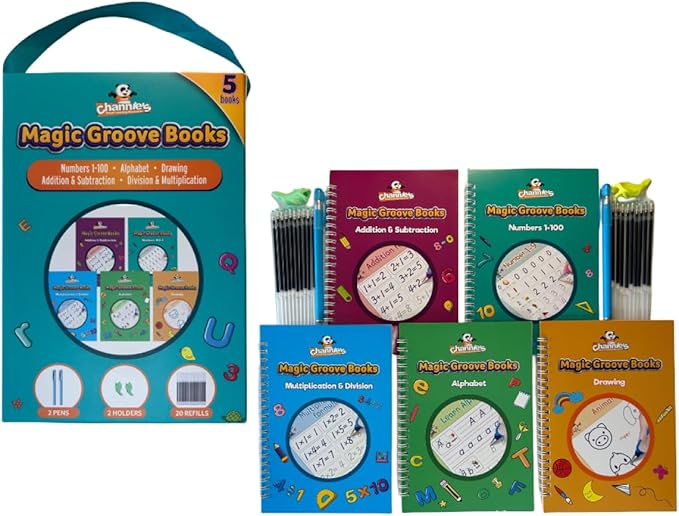 Channie’s Magic Groove Book Set, Kids’ Reusable Activity Books, Fun Workbooks for Homeschool or Extra Practice; Improve Handwriting Skills, Letter & Number Formation, Includes 5 Books