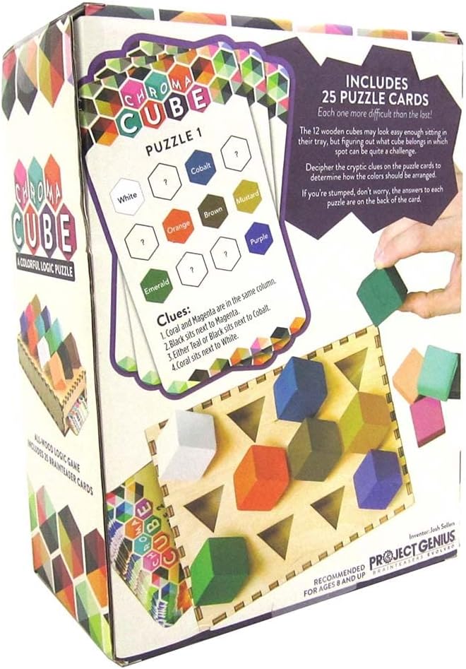 Project Genius: Chroma Cube, A Colorful Logic Puzzle, 12 Colorful Wood Blocks, 25 Brainteaser Cards, Puzzle, Great Gift, 1 Player Game Logic