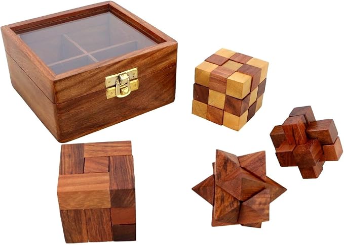 Ajuny Wooden Puzzles Box Set (4 Games) Brain Teaser for Teens & Adults, IQ Test Interlocking 3D Puzzles, Handcrafted Rustic Patio Decor, Unique Gift for Christmas and Birthdays