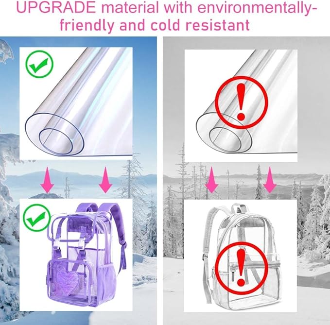 17" Sequin Clear Backpack for Girls - 3Pcs Sparkle Flip Design Stadium Approved Set, Waterproof Campus/School Transparent Bookbag (Purple)