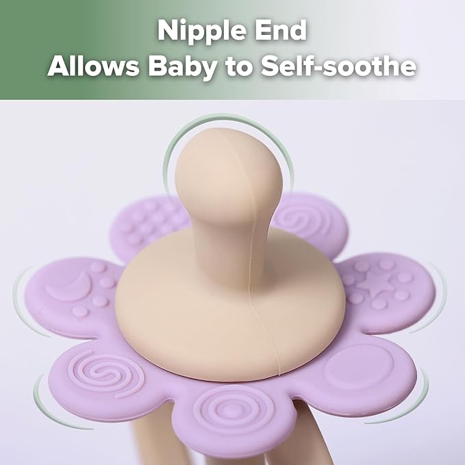 haakaa Silicone Twin Flower Teether,Nipple-Shaped End for Gum Massage,360Β° Baby Toothbrush Head for Self-Brushing Training,Easy to Grip - Lavender