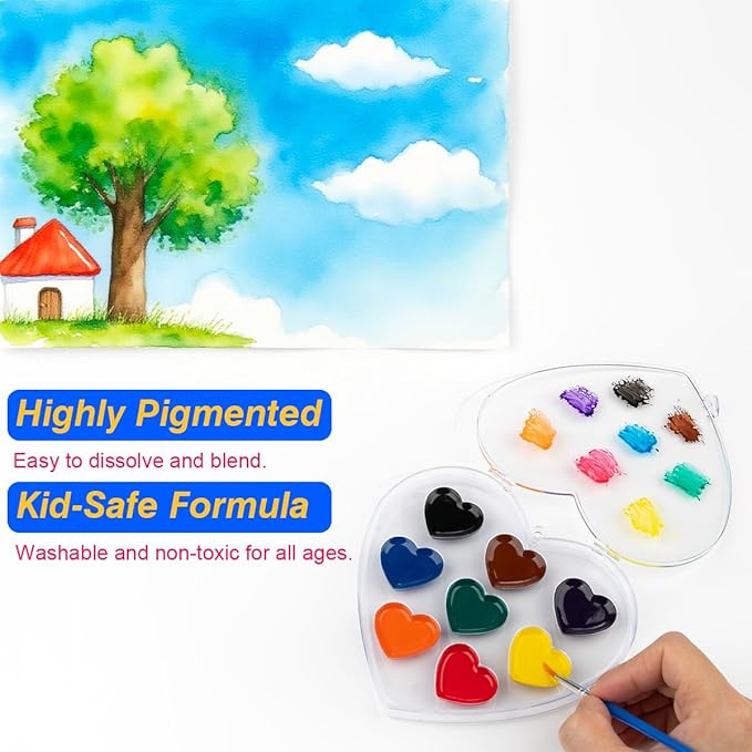 Valentines Day Gifts for Kids, 2 Pack 8 Colors Heart Shaped Watercolor Paint Set with Paintbrush, Prizes Exchange Washable Water Color Kids Paint Set Art Supplies Party Favors for Preschool Classroom School