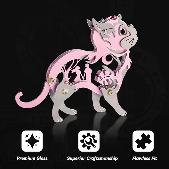 3D Metal Puzzles for Adults, Mechanical Metal Model Kits for Adults, Dream Cat Steel 3D Puzzle Stainless Steel Ornaments for Men Women Art Craft Gifts Toys(Pink).