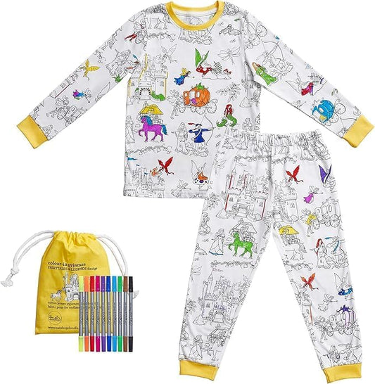 eatsleepdoodle coloring pajamas for boys and girls, with 10 washable markers, Kids Colorable Pajama 100% cotton