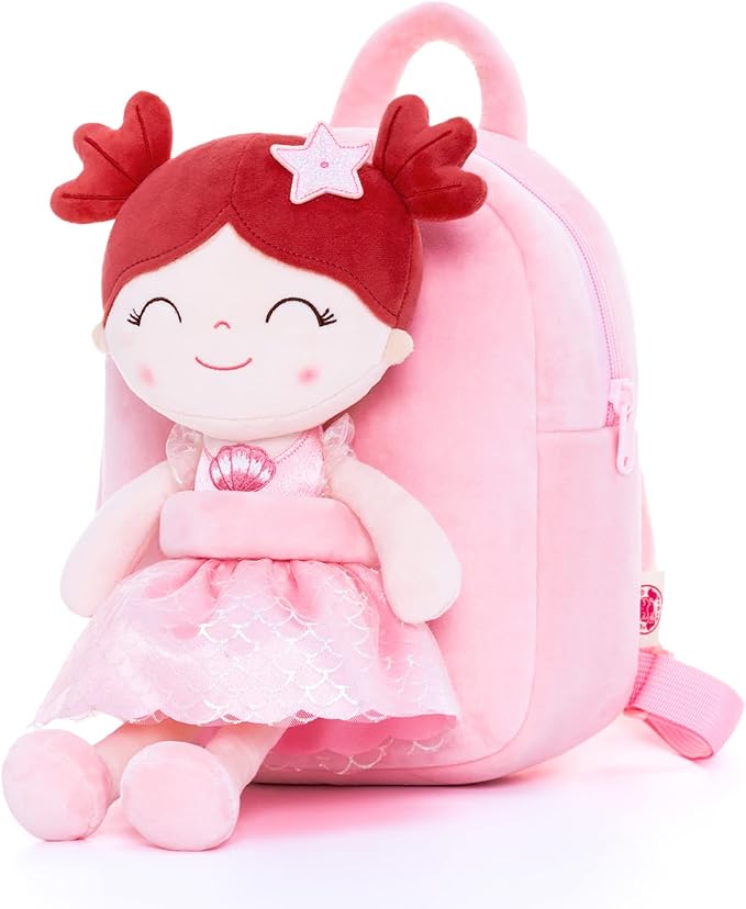 Gloveleya Back to School Gifts for Girls Toddler Backpack for Girls Kids Backpacks Soft Girl Toys Plush Baby Girl Gifts with Plush Princess Mermaid Qearl Doll Red 9"