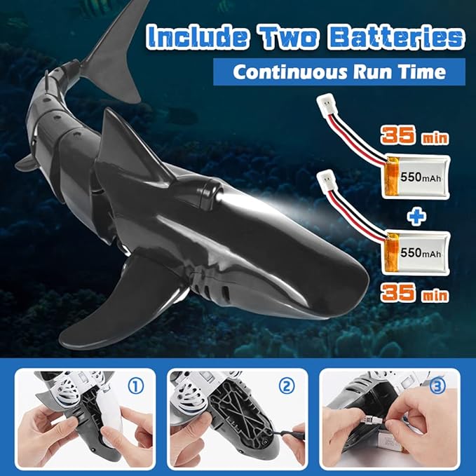 2.4G Remote Control Shark Toy 1:18 Scale High Simulation Shark for Swimming Pool Bathroom - Great Gift RC Boat Toys for 6+ Year Old Boys and Girls (with 2 Batteries)