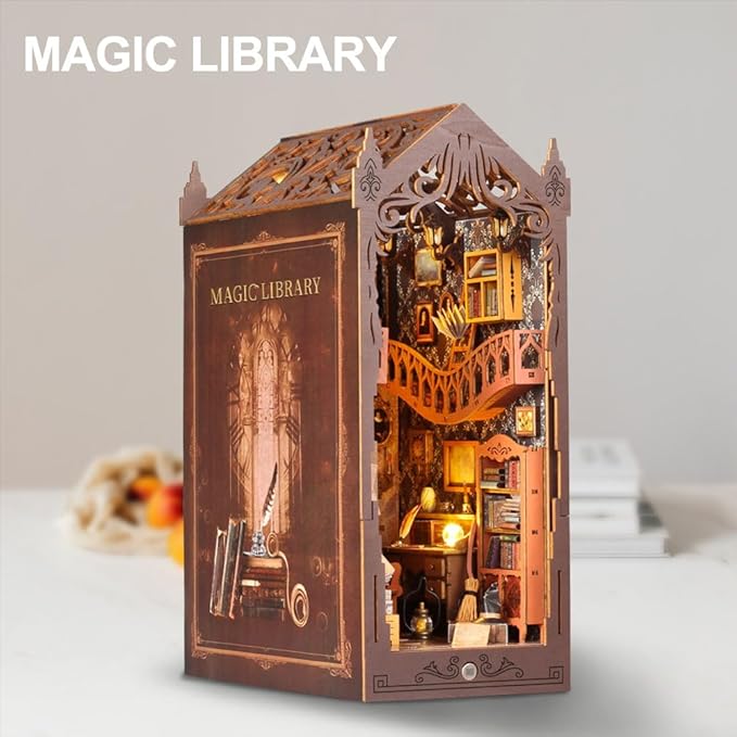 Magic Library Book Nook Kit - DIY Miniature House Tiny House 3D Wooden Puzzle Dollhouse Kit for Adults and Teens, Bookshelf Insert Decor, Model Build, Craft Gift for Family and Friends