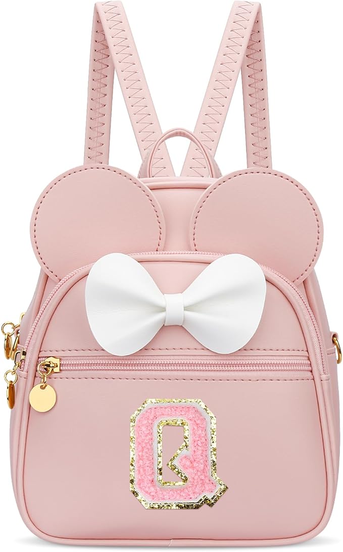 KKXIU Girls Initial Bowknot Cute Mini Backpack for Toddler, Travel Small Girl Backpacks, Personalized Trendy Stuff Gift for Little Girls and Kids(Q, Pink)