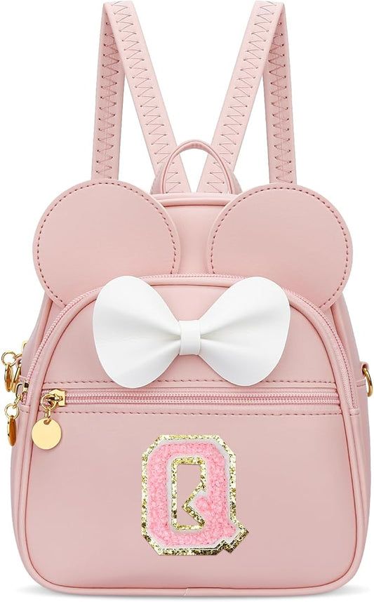 KKXIU Girls Initial Bowknot Cute Mini Backpack for Toddler, Travel Small Girl Backpacks, Personalized Trendy Stuff Gift for Little Girls and Kids(Q, Pink)