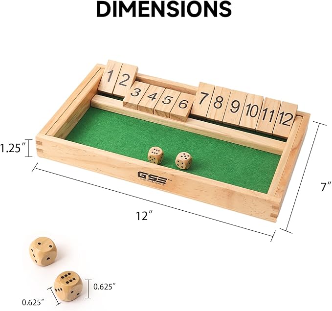 GSE Games & Sports Expert Wooden Shut The Box 12 Numbers Dice Game Board with 2 Wooden Dice, Classic Tabletop Version of The Popular English Pub Game