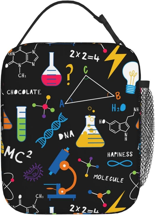 Science Chemistry Biology Physics Pattern Reusable Lunch Box Food Bag Insulated Lunch Bag for Teenage Boys Girls School Beach