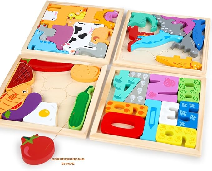 Wooden Puzzles for Kids, 4 Packs Montessori Learning Toy Gifts for Preschoolers Age 3+, 3D Multi-Theme Jigsaw Puzzles for Boys & Girls (Dinosaurs, Livestock, Food, Digital Puzzle Set)