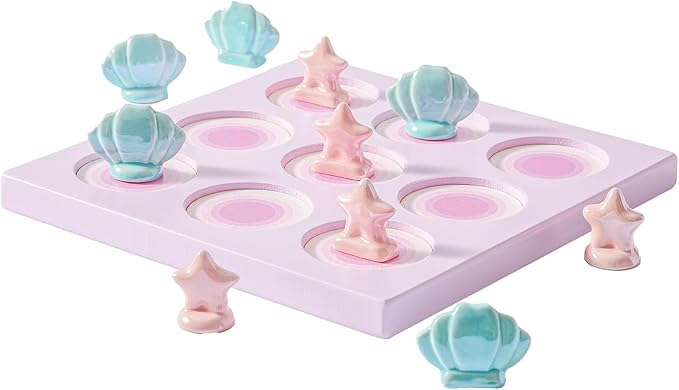 WDS WONDROUS Tic Tac Toe Game, Pink Coffee Table Centerpiece Decoration, Summer Beach Themed Wood Board Game with Ceramic Shell & Starfish, Coastal Girl's Room Decor, Fun&Cute Gifts for All-7.9 Inch