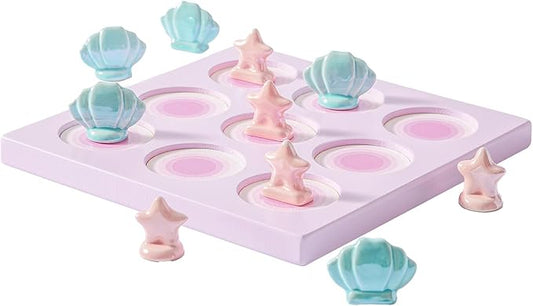 WDS WONDROUS Tic Tac Toe Game, Pink Coffee Table Centerpiece Decoration, Summer Beach Themed Wood Board Game with Ceramic Shell & Starfish, Coastal Girl's Room Decor, Fun&Cute Gifts for All-7.9 Inch