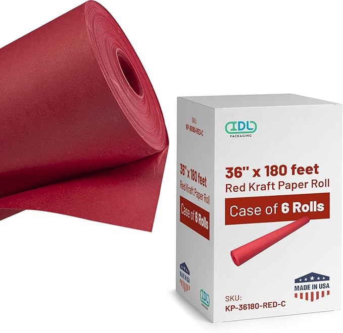 Red Kraft Paper Roll 36" x 2160" (180 feet), Pack of 6 - Craft Paper Roll 45 lb Thickness - Red Paper for Gift Wrapping&Moving - Rolls of Paper for School - Art Paper Roll for Kids by IDL Packaging
