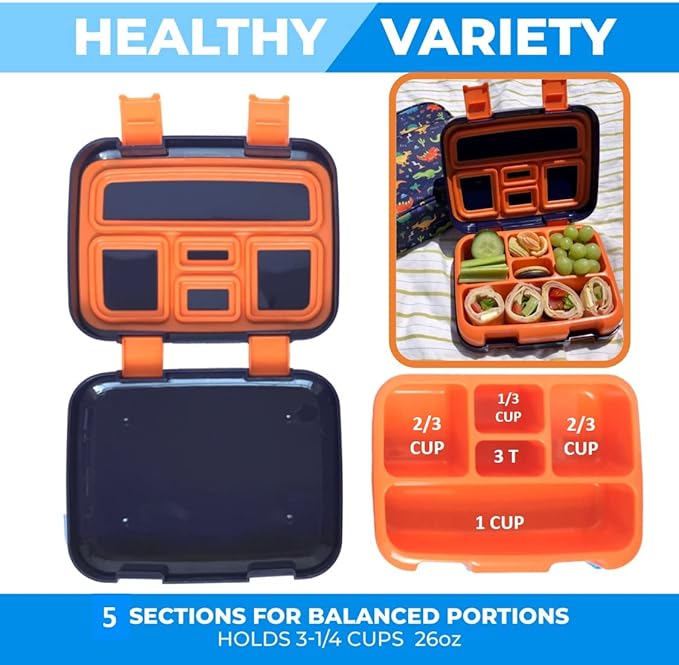 Bento Box with Thermal, Stainless Steel Food Jar for Hot-Cold Food or Soup, Insulated Lunch Bag and Ice Pack Set for Kids or Toddlers. Ages 3 to 7, Blue Dinosaur