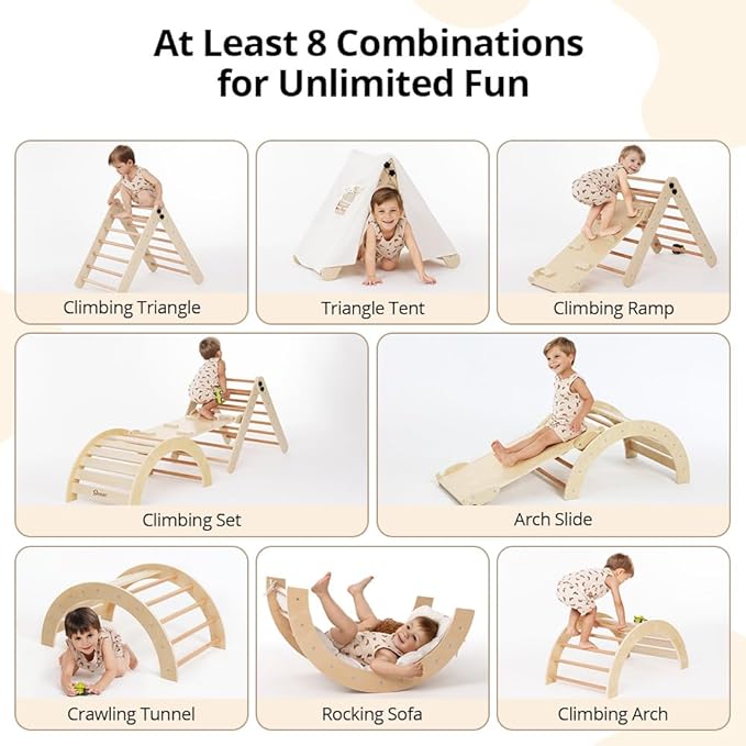 Pikler Triangle Set with Cushion, 8-in-1 Toddler Climbing Toys Indoor, Wooden Montessori Climbing Set with Arch Ramp,Ladder&Tent Cloth, Baby Indoor Climber Jungle Gyms for Toddlers Toy, Natural