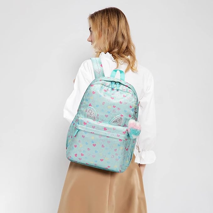 SUN EIGHT Backpack for Girls Kids Elementary Bookbag Waterproof Large Space School Backpacks for Teens for Travel and School Ages 6+ Years old Casual Backpack(Pink Green Peach Heart)