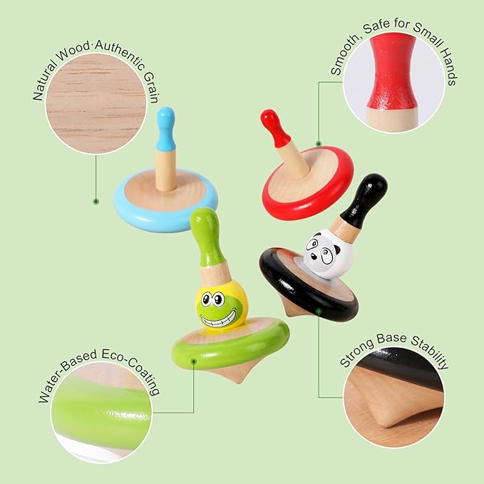 WODI 4PCS Wooden Spinning Tops - Adorable Animal Gyroscope Toys for Toddlers, Safe & Fun Montessori Educational Gift, Fidget Spinner for Kids/Toddlers (#1)