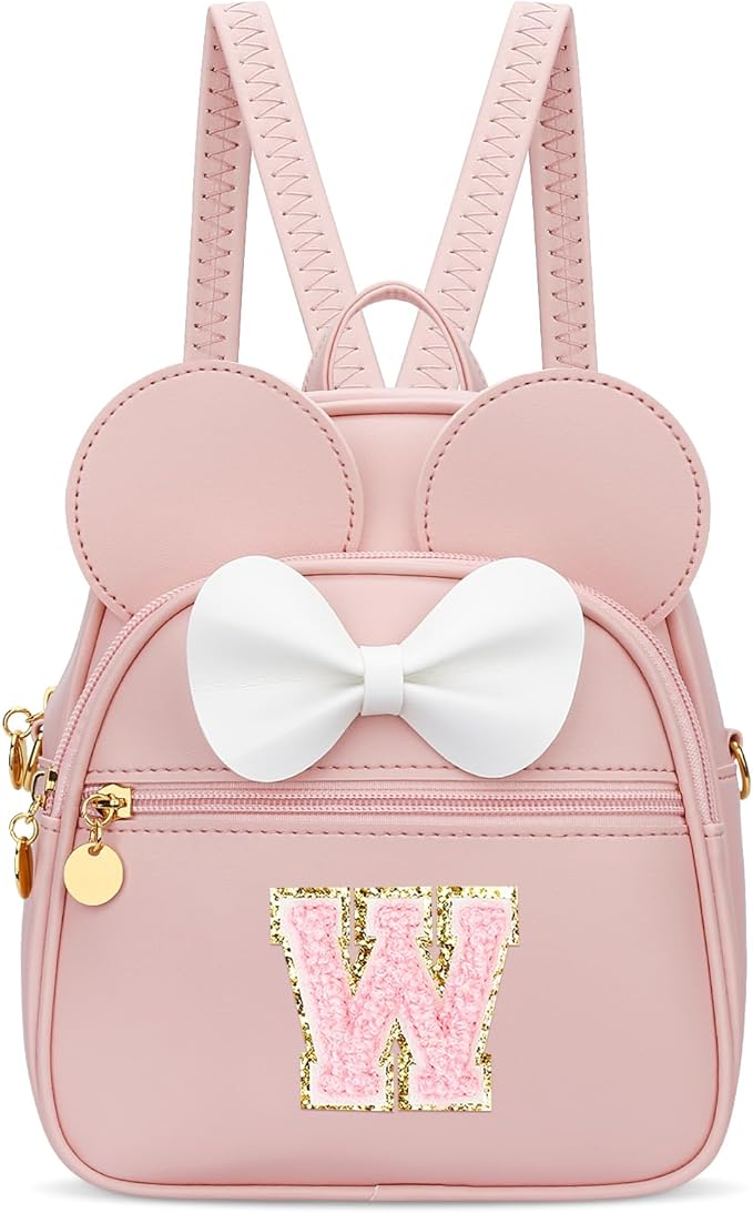 KKXIU Girls Initial Bowknot Cute Mini Backpack for Toddler, Travel Small Girl Backpacks, Personalized Trendy Stuff Gift for Little Girls and Kids(W, Pink)