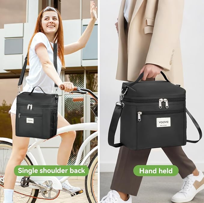 Voova Stackable Stainless Steel Thermal Lunch Box with Lunch Bag for Women Men Adult Kids, 2 Tier Leakproof & Microwave Safe Insulated Bento Boxes Food Container for Work School, Black