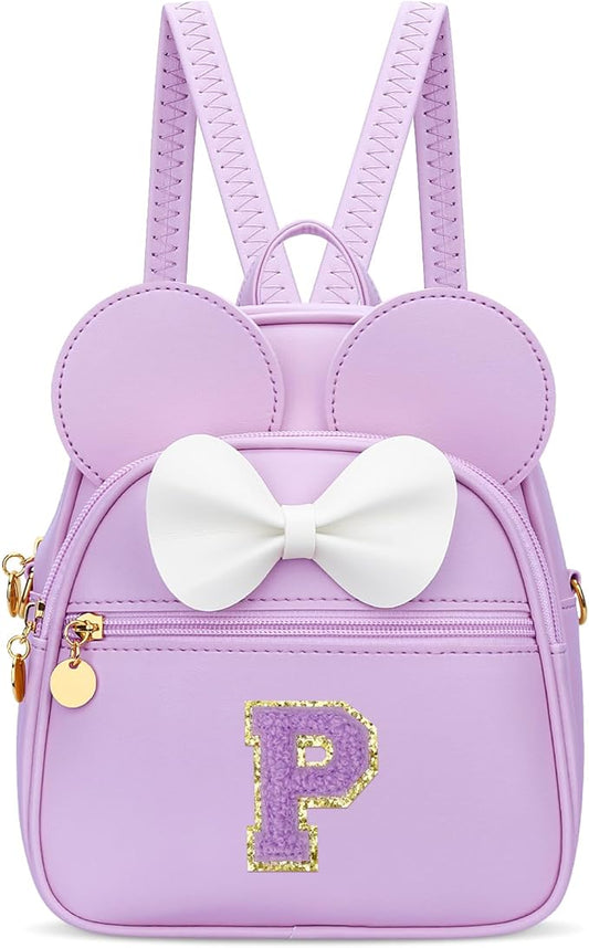 KKXIU Girls Initial Bowknot Cute Mini Backpack for Toddler, Travel Small Girl Backpacks, Personalized Trendy Stuff Gift for Little Girls and Kids(P, Purple)