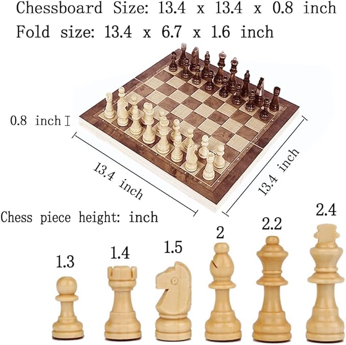 Folding Storage Wooden Chess Board Sets - 3 in 1 Chess Board Game for Adults and Kids (Backgammon, Checkers), Exquisite Wooden Chess Set