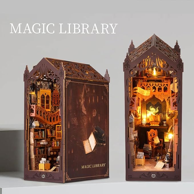 Magic Library Book Nook Kit - DIY Miniature House Tiny House 3D Wooden Puzzle Dollhouse Kit for Adults and Teens, Bookshelf Insert Decor, Model Build, Craft Gift for Family and Friends