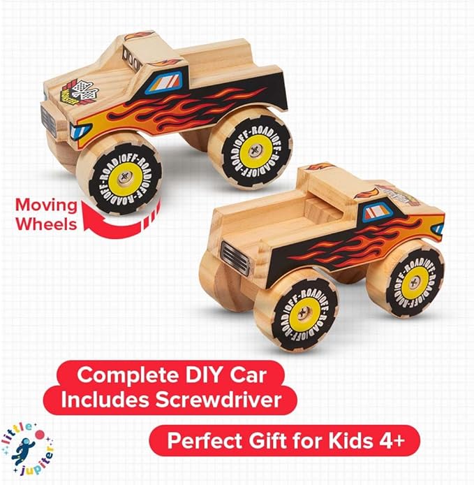 Little Jupiter DIY Wooden Kits w/Stickers - Kids Building Kit - Stem Toys for Ages 4-7 - Wood Crafts for Kids - Woodworking Kits (Monster Truck 1)