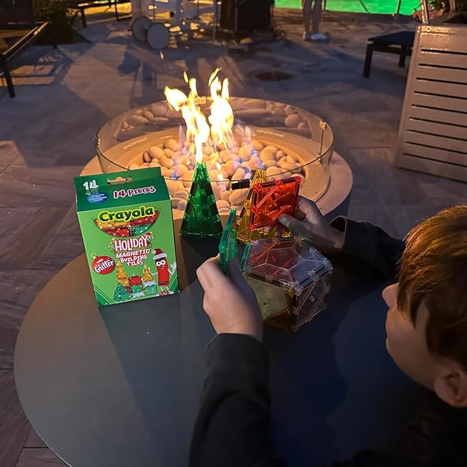 CreateOn Crayola Holiday Glitter Magnetic Tiles, Building Set for Kids, Magnetic Building Toys for Kids, STEM Travel Toys for Boys and Girls Ages 3+, 14-Piece Set (Holiday Glitter)