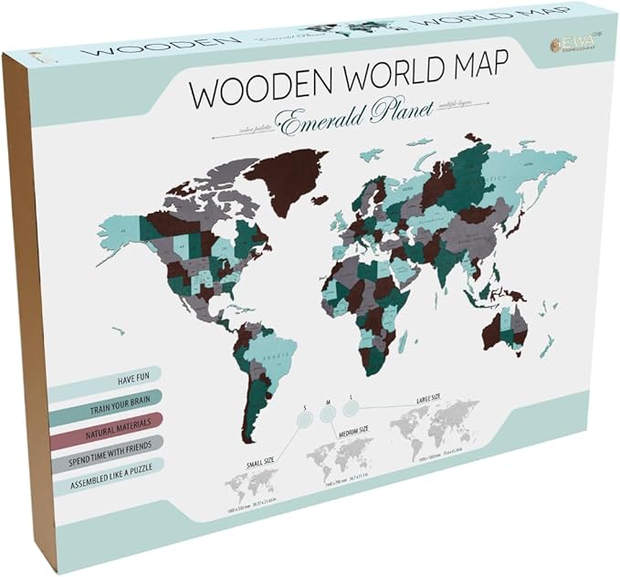World Map Wall Art - Self-Assembly 3-Layer Map of The World Puzzle - 3D Wooden World Map Wall Decor for Office, Living Room & More - World Map by Eco Wood Art, (Small, 114 Pieces, Emerald Planet)