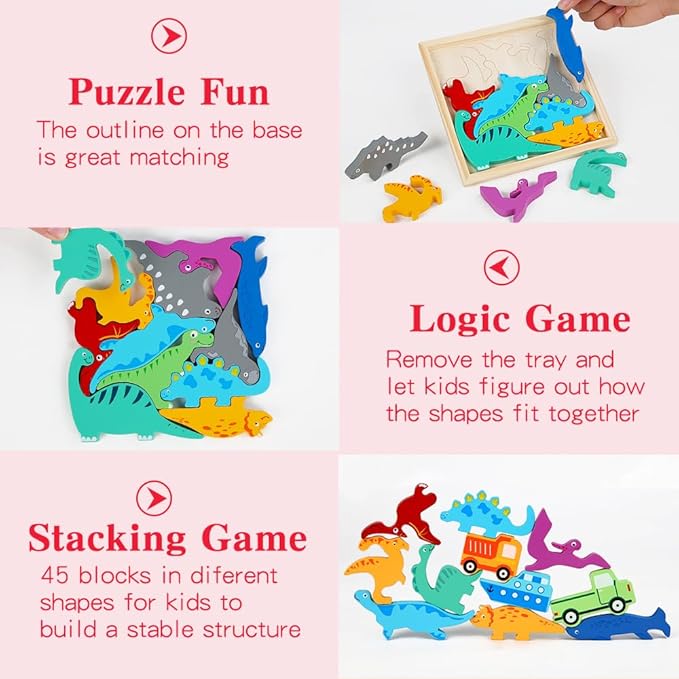 Wooden Puzzles for Kids, 4 Packs Montessori Learning Toy Gifts for Preschoolers Age 3+, 3D Multi-Theme Jigsaw Puzzles for Boys & Girls (Dinosaurs, Livestock, Food, Digital Puzzle Set)