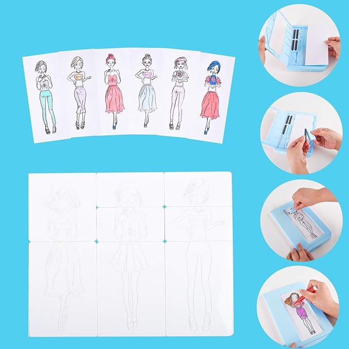 Kids Fashion Design Drawing Kit, 15 Double-Sided Rubbing Plates, Texture Art Set with Crayons, Colored Pencils, Paper & Frame, STEM Toys for Girls & Boys Ages 5+, Travel Art Supplies, Birthday Gift