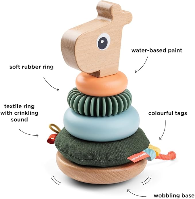 Done by Deer Raffi Stacking Tower - Colorful Wooden Ring Stacker Toy with Different Shapes and Textures for Sensory Stimulation and Motor Skill Development - Tilt Function and Pull Tail for Added Fun
