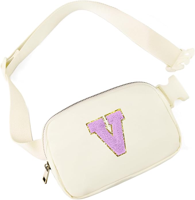 Gitus Gifts for 8 9 10 11 12 Year Old Girls Belt Bag Fanny Pack Crossbody Bags with Initial Letter Patch Cute Stuff Birthday Gifts for Teen Girls Women Personalized Trend Stuff (Ivory-V)