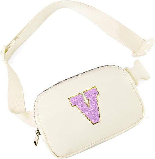 Gitus Gifts for 8 9 10 11 12 Year Old Girls Belt Bag Fanny Pack Crossbody Bags with Initial Letter Patch Cute Stuff Birthday Gifts for Teen Girls Women Personalized Trend Stuff (Ivory-V)