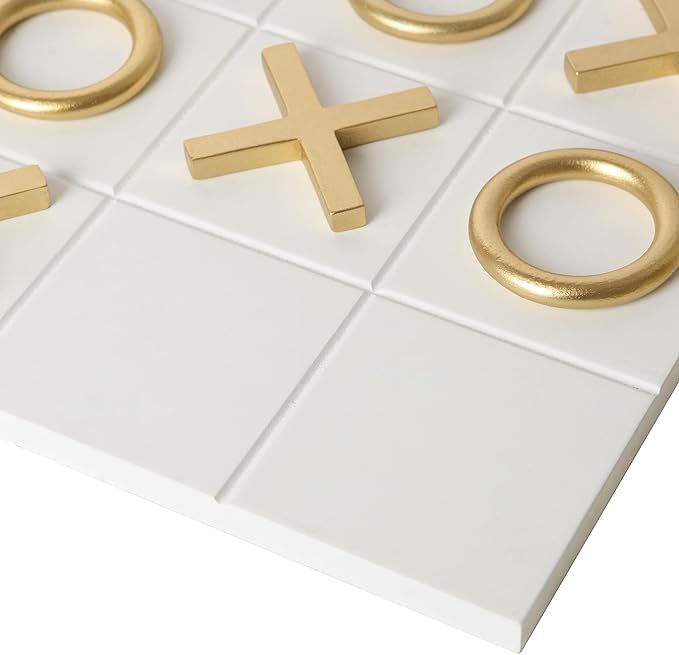 NIKKY HOME 12x12 Inch Tic Tac Toe Wood Game Board Classic Coffee Table Decor Modern Wooden Travel Game for Family, White & Gold