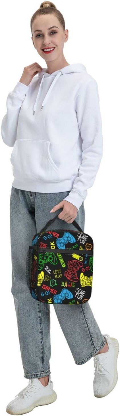 Colorful Video Game Controller Reusable Lunch Box Food Bag Insulated Lunch Bag for Teenage Boys Girls School Beach