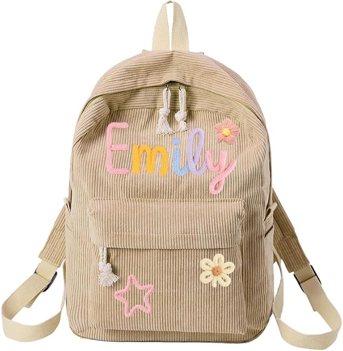 Personalized Corduroy Backpack for Girls Boys, Custom Name School Bag with Cotton Rope Woven, Customize Back to School Bag Gifts for Kids, Birthday/Christmas Gift