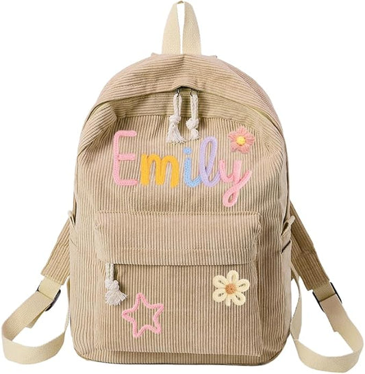 Personalized Corduroy Backpack for Girls Boys, Custom Name School Bag with Cotton Rope Woven, Customize Back to School Bag Gifts for Kids, Birthday/Christmas Gift