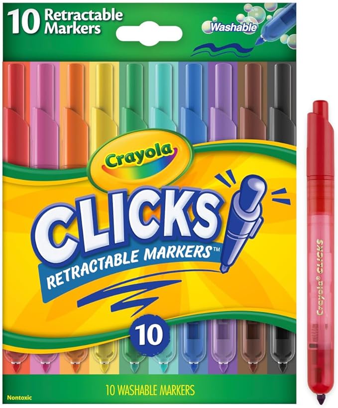 Crayola Clicks Retractable Tip Marker Set for Kids (10ct), Teacher Supplies, Long Lasting Markers For School, No Dry, Coloring Book Essentials, 6+