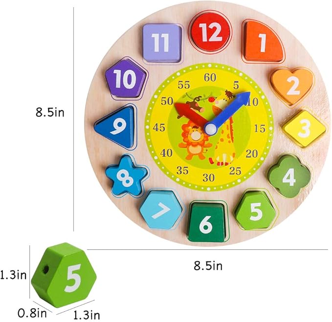 Skrtuan Wooden Sorting Clock Toy for Toddlers 3-5 Years Old, Montessori Shape Color & Animal Puzzle, Educational Learning Gift for Teaching Time, Numbers, and Fine Motor Skills