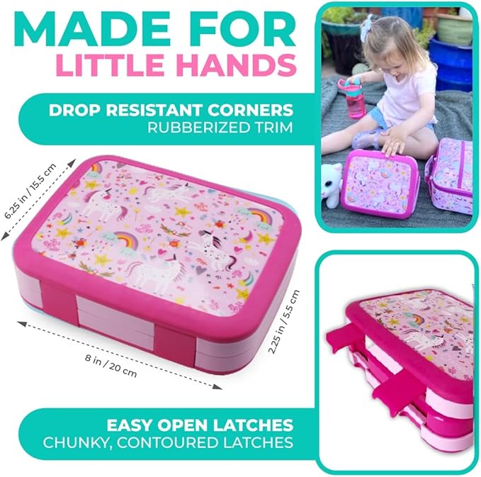 Bento Lunch Box for Kids with Thermo Food Jar for Hot Food Soup, Insulated Lunch Bag and Ice Cold Pack Set, Stainless Steel Lunch Thermal, Girls Container Boxes with 4 Compartments, Pink Unicorn