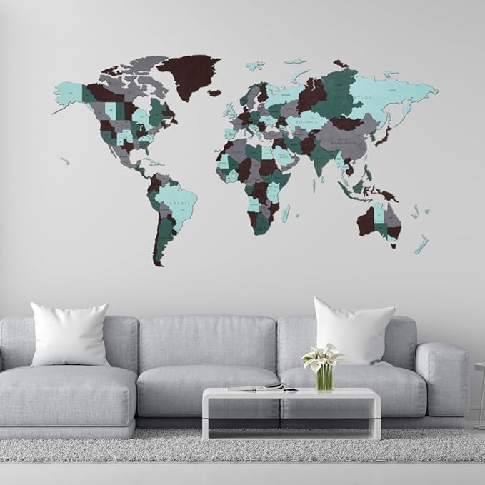 World Map Wall Art - Self-Assembly 3-Layer Map of The World Puzzle - 3D Wooden World Map Wall Decor for Office, Living Room & More - World Map by Eco Wood Art, (Small, 114 Pieces, Emerald Planet)