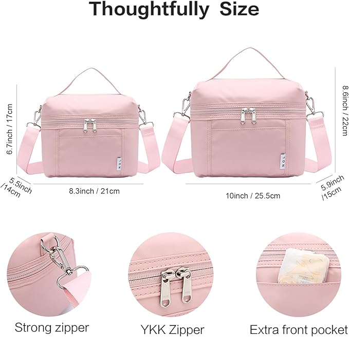 NOL Natural Organic Lifestyle Insulated Lunch Bags for Women Cooler Bag Lightweight Nylon Waterproof Lunch Box For Work (Medium, Pink)